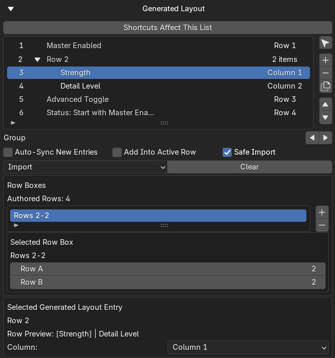 Generated Layout columns and preview