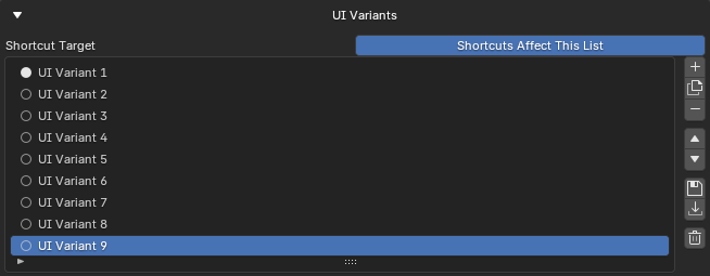 The UI Variants list with multiple saved designs