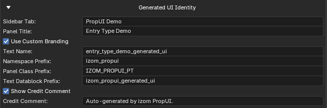 Generated UI Identity panel with custom branding fields