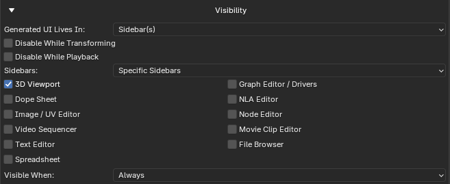 Visibility settings — sidebar location and display options