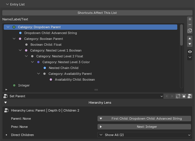 A nested Entry List with parent categories and child entries