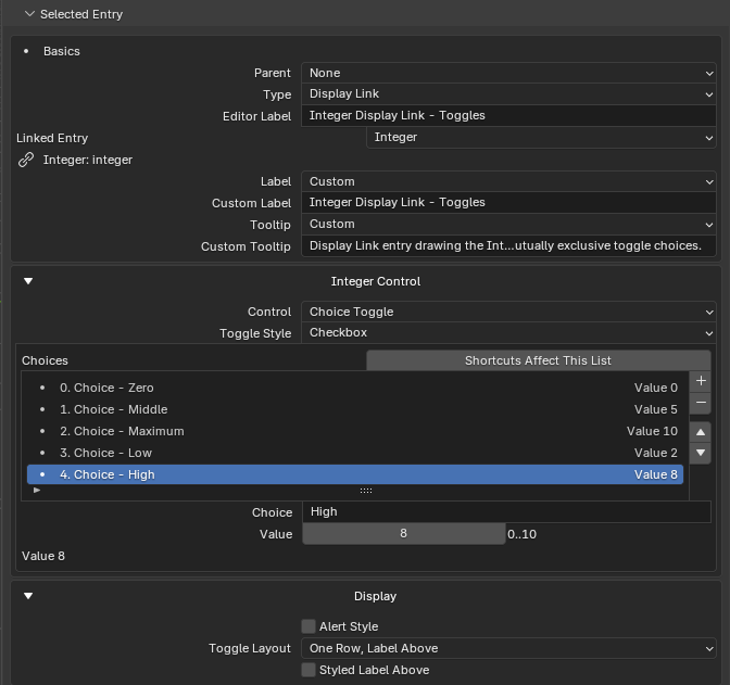 Integer choice toggle settings
