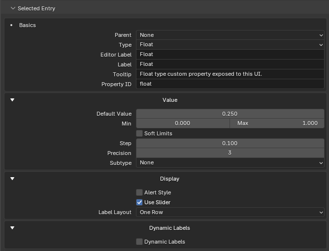 Float entry value and slider settings