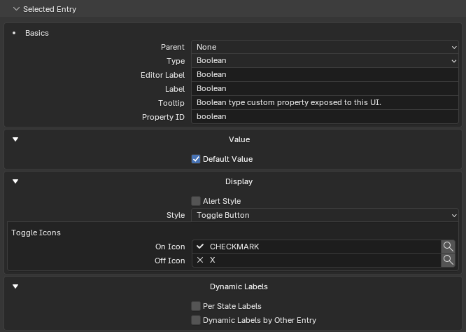 Boolean entry with toggle-button on/off icon settings