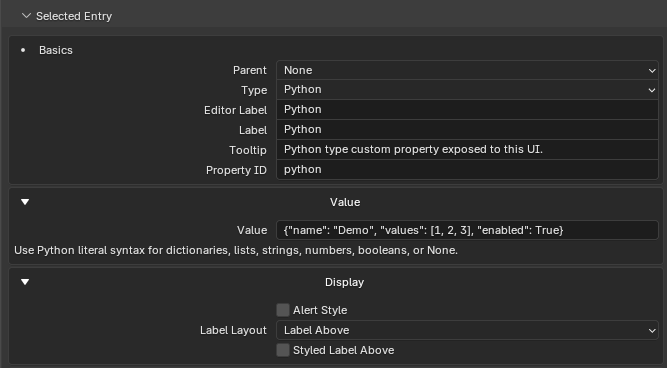 Python entry with a Python-literal value