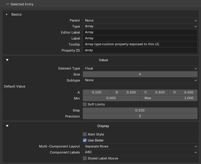 Float array entry with slider settings