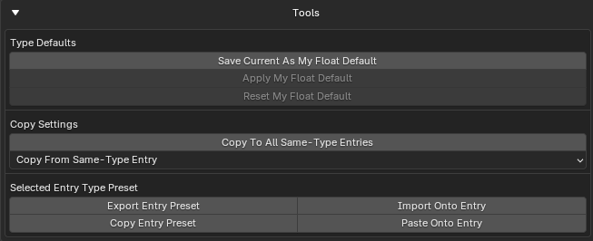 Selected Entry Tools — type defaults, copy settings, and presets