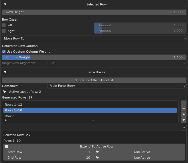 Selected Row controls including row height, inset, and row-box settings