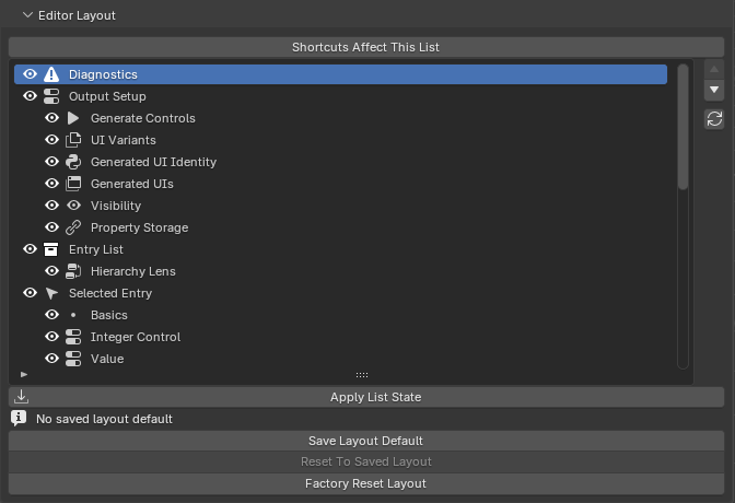 Editor Layout panel with the section tree and visibility toggles