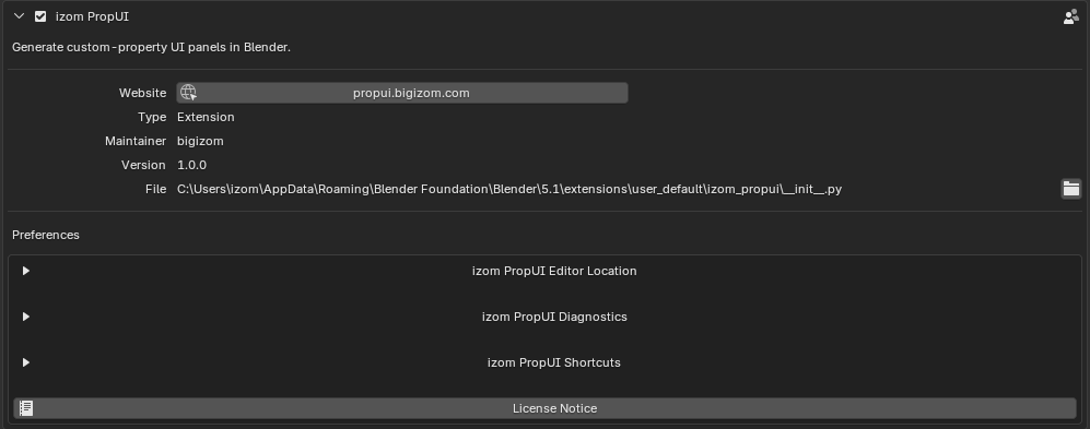 izom PropUI add-on preferences overview