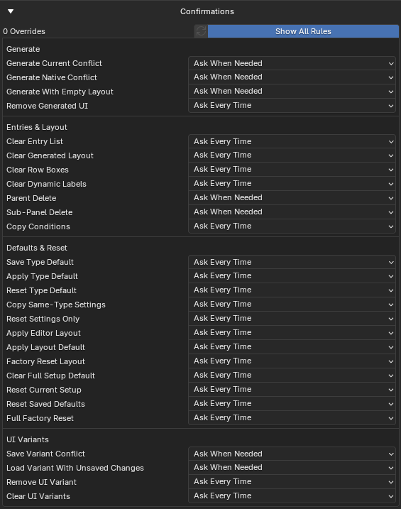 The Confirmations editor section listing per-action default prompts