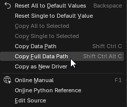 Blender's right-click menu with Copy Full Data Path selected