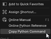 Blender's right-click menu with Copy Python Command selected