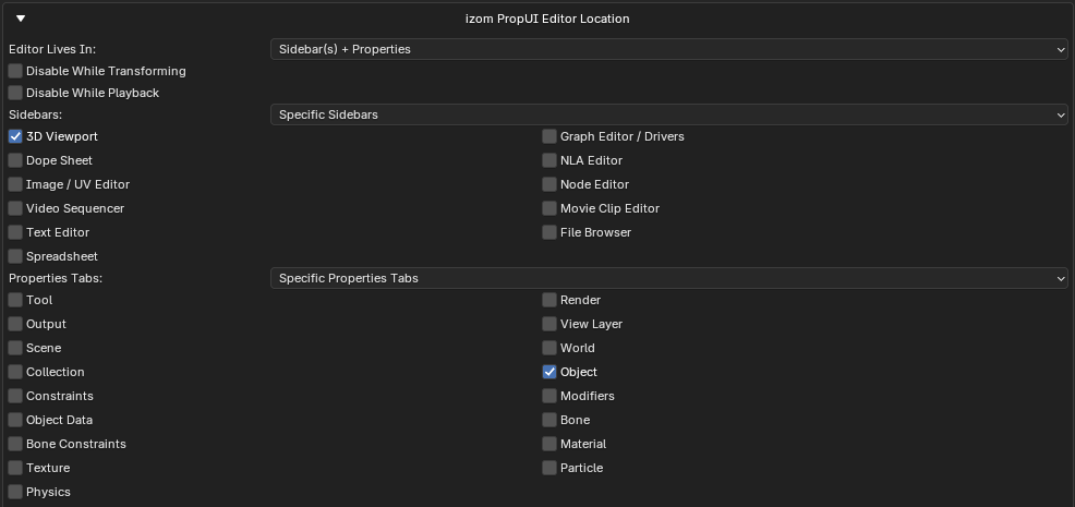 izom PropUI Editor Location preferences