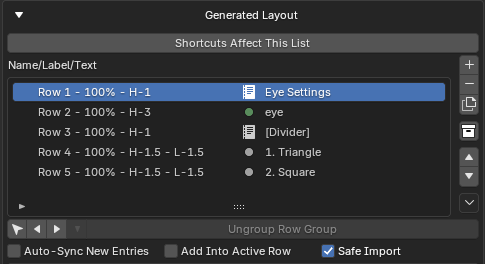 A Generated Layout list defining a rig's control panel rows